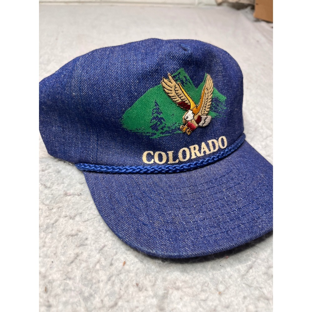 Vintage Nissin Cap‎ Colorado Eagle Denim Snapback Hat Blue Rope Trucker Mens
